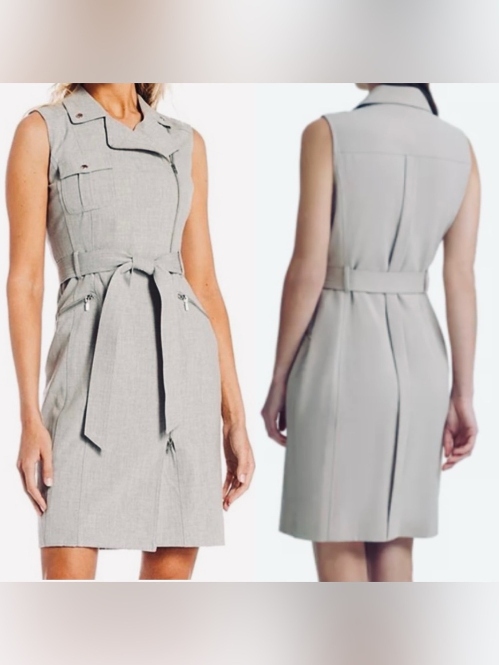 Calvin Klein Notch Collar, Sleeveless wrap dress Gray Size 8 NWT Career lined